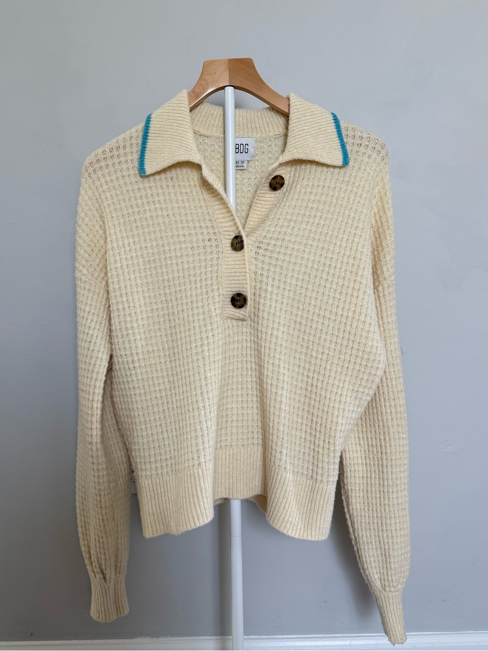 BDG Urban Outfitters Waffle-Knit Polo Sweater with Teal Collar Stripe